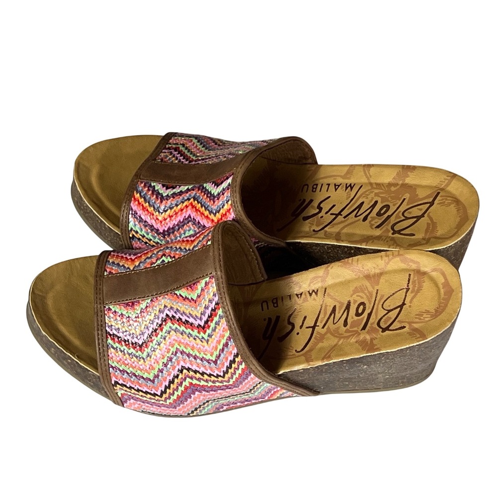 NWOT Blowfish Malibu Womens Multi Color Chevron Cork Wedge Sandals Size 10